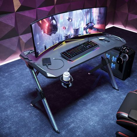 SIRHONA Bureau Gamer Bureau de Jeu avec Porte-gobelet Câble Rangement et Crochet pour Casque Table de Gaming Noir 120x60x75cm (1/5)