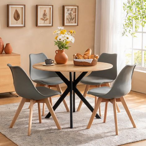 Ensemble Table Ronde 100 cm + 4 Chaises Noir, Style Scandinave Moderne, chaises grises (1/5)