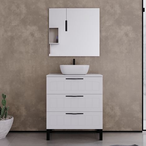 Meuble de salle de bain 60cm avec plateau et vasque à poser ovale - 3 tiroirs - blanc - CALA (1/5)