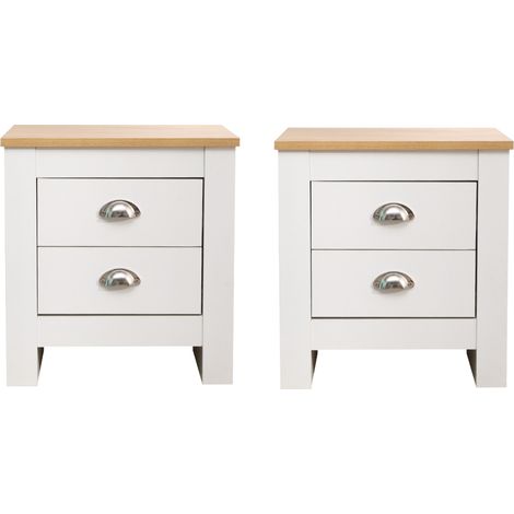 FURNITURE HMD White 2 Drawers Bedside Tables x 2 PCS (1/4)
