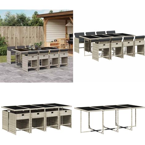 9-tlg. Garten-Essgruppe mit Kissen Hellgrau Poly Rattan - Gartentisch - Esstisch - Gartenmöbel Set - Outdoor Möbel - Terrassenmöbel - Home & Living (1/5)