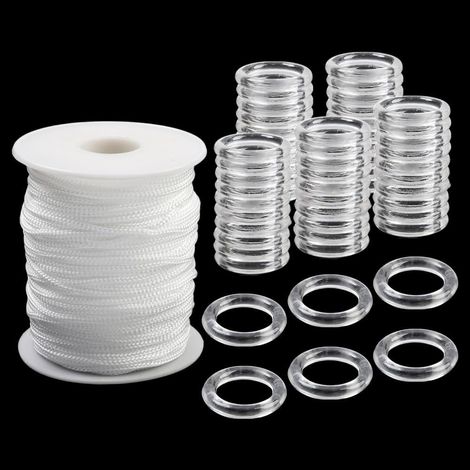 Kit de Réparation de Cordon de Levage pour Store Romain de 50 m/55 Yards avec 100 Anneaux de Rideau Ronds en Nylon Blanc Accessoires pour la Fabrication de Rideaux de Fenêtre à Store Romain (1/5)