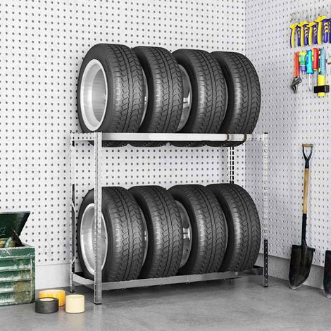 Porte-pneus 2 niveaux en acier galvanisé argenté, 300 kg, 110 x 40 x 110 cm - PANGIVO (1/5)