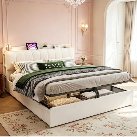 Lit coffre adulte 180x200 cm, lit rembourré avec rangement hydraulique, USB, tête de lit avec étagères, bois et velours, beige (1/5)