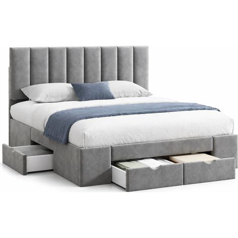 CHICFURN lit rembourré en velours gris avec tête de lit réglable sommier à lattes et quatre tiroirs 160 x 200 (1/5)