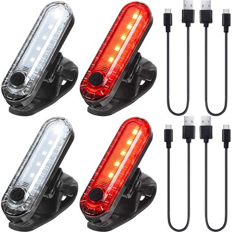 Kit d'éclairage vélo, lot de 4 phares et feux arrière LED rechargeables par USB - Éclairage avant et arrière étanche avec 4 câbles USB inclus