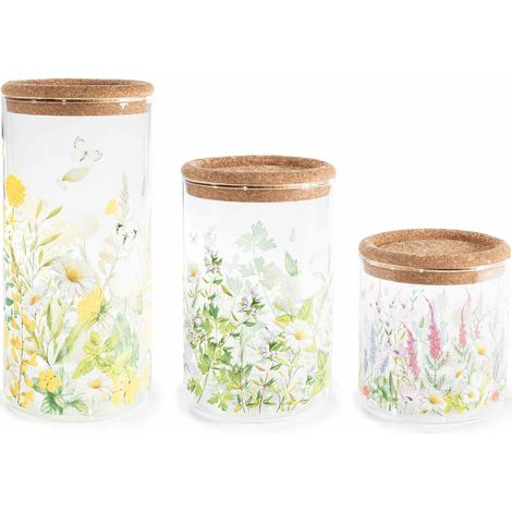 Barattoli alimentari in vetro stampe fiori e coperchio, set da 2 pezzi, Grande: Ø 10 cm x 21 H