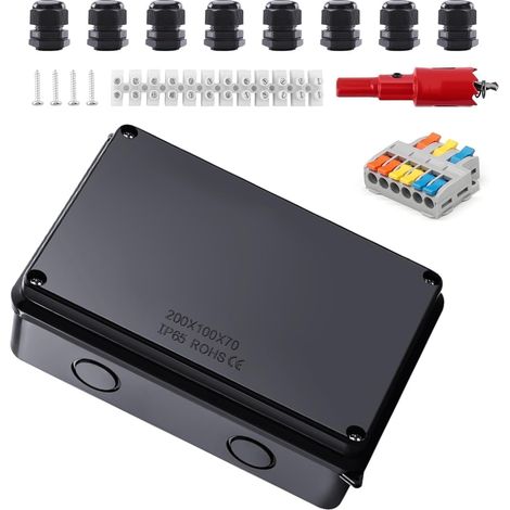 Boite de Derivation Etanche, Noir Ip65 Boite Electrique Etanche Exterieur, 200 X 100 X 70 mm Boîte de Dérivation, Ø 12-16 mm, Avec Bornes et Accessoires de Montage, pour Sous - Sol, Garag (1/5)