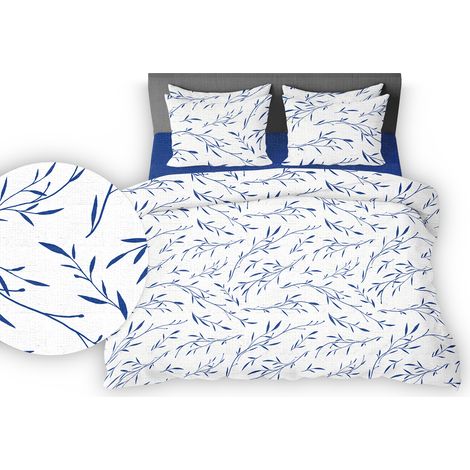 Parure de lit en écorce 160x200 blanc bleu marine feuilles de thé