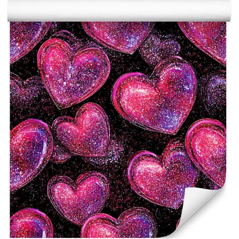 Papel pintado de corazones con purpurina neón, morado y burdeos, 50x1000 cm. (1/5)