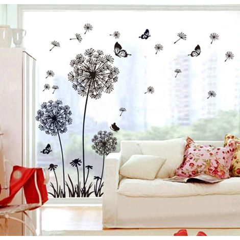 Autocollant mural amovible représentant des pissenlits noirs et des papillons volant au vent pour salon et chambre à coucher (1/4)