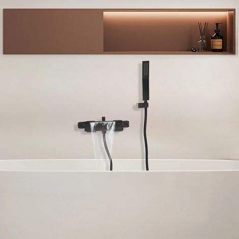 Schwarz Badewannenarmatur Wasserfall Wasserhahn Wannenarmatur set mit Handbrasue (1/5)