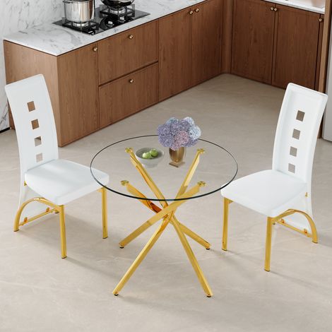Ensemble table à manger 88 cm en verre trempé + 2 chaises blanches similicuir perforé géométrique – moderne, minimaliste, luxe (1/4)