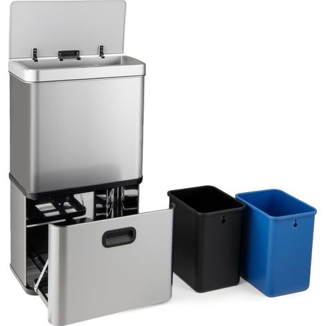Pattumiera in acciaio inox da 56 litri, pattumiera con sensore di movimento e 2 contenitori rimovibili Contenitori, Coperchio con Apertura a Sospensione e Chiusura Ammortizzata, Argento (1/5)