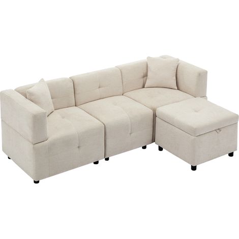 Sofá rinconero en L de 3 plazas de chenilla beige con puf arcón y 2 cojines (1/5)
