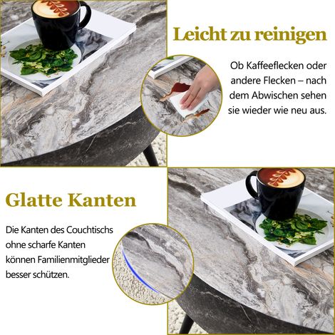 Table basse ronde 70 cm diamètre, finition marbre gris (MDF), pieds en métal noir, design minimaliste, parfaite pour salon ou petits espaces. (1/5)