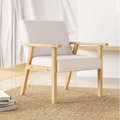 Fauteuil relax 64x70x72 cm en bois et lin, blanc crème, scandinave pour salon FloraGrace (1/5)