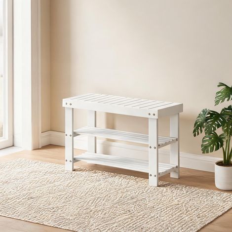 Banc de rangement 70 x 28 x 45 cm en bambou massif blanc (1/5)