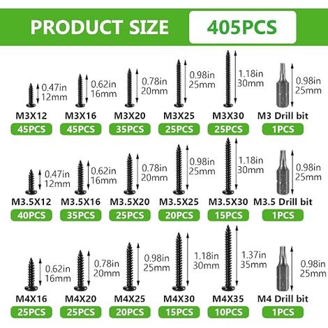 Vis Torx, M3 M3,5 M4 Vis Autotaraudeuses en Noires, Vis Tête Ronde pour Ttravail du Métal et Bois + Bits -acier au carbone (1/4)