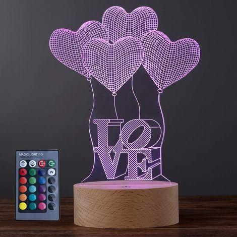 QAZQA Veilleuse 3D LOVE,Romantique 16 Couleurs Changeantes LED Illusion Lampe Télécommande pour Enfants Filles Mère Anniversaire Valentine Cadeaux De Noël