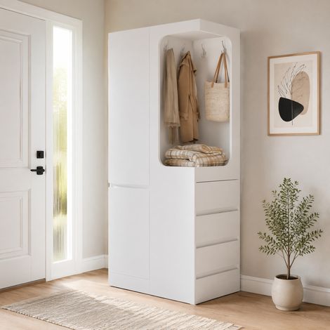 Armoire 70 x 40 x 170 cm avec tiroirs et espace penderie ouvert, blanc HAVRYA (1/5)