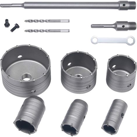 Jeu de 10 scies cloches pour béton, rallonge SDS, pointe en carbure de tungstène - Ø 35 mm, 40 mm, 50 mm, 65 mm, 80 mm et 110 mm, haute qualité