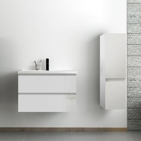 Acezanble ensemble meuble salle de bain 80 cm blanc brillant avec 2 tiroirs à fermeture automatique, lavabo céramique simple + colonne, suspendu