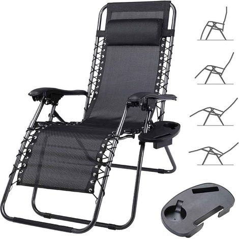 Chaise gravité Zéro Chaise de Jardin Fauteuil Relax Pliable Gain de Place avec Plateau tubulaires Acier 22 mm inclinable Tissu en Respirant terrasse Piscine extérieure Noir (1/5)