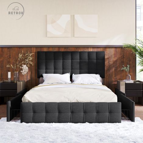 Lit rembourré avec 4 tiroirs, lit double avec sommier à lattes, lit rangement, tête de lit réglable en hauteur et design de couture carrée, support à lattes en métal, matériau en lin 140x200cm, noir