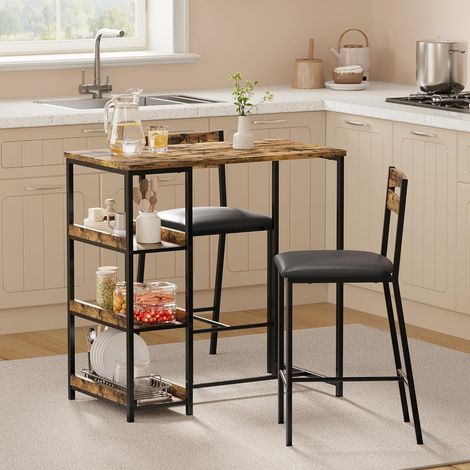 Set de table de bar et tabourets 3 pièces, Table haute rectangulaire gain de place, cadre métal robuste, Table : 91,5 cm, Marron (1/5)
