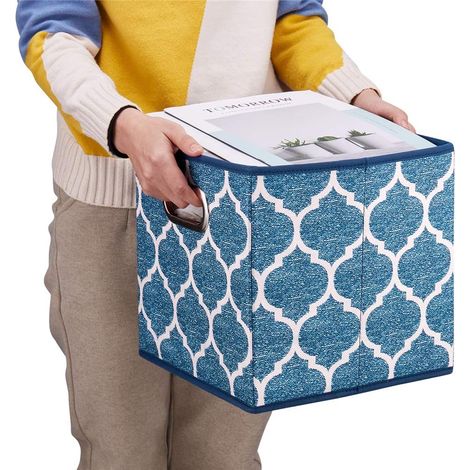 Set mit 2 Aufbewahrungsboxen, cremefarben und marineblau, faltbar, Stoff, 26,5 x 26,5 x 28 cm, mit 2 Metallgriffen