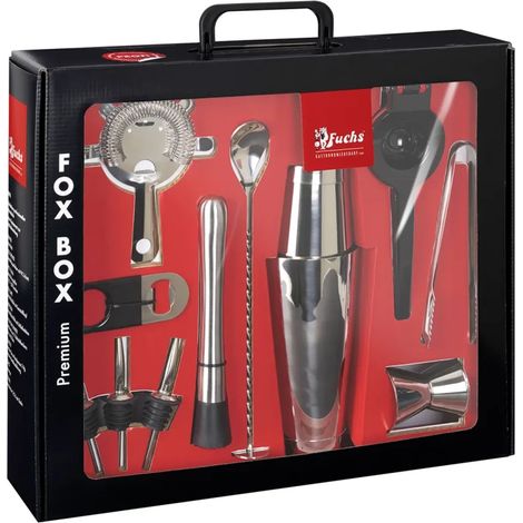 Set à Cocktails Fox Box 12 Pièces Professionnel - Shaker, Pince à Glaçons, Presse Agrumes, Jigger, Cuillère Bar, Écumoire et Plus pour Bartenders Amateurs et Pros