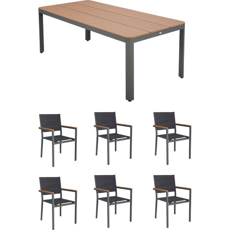 Ensemble table de jardin 200x90x75cm + 6 fauteuils gris - MIMIZAN