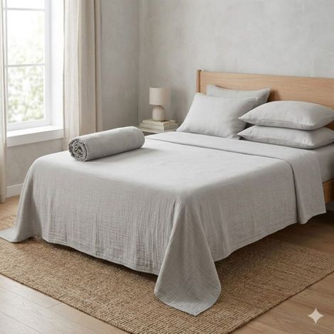 Drap Housse 90x190 cm Double Gaze de Coton Gris clair (1/3)