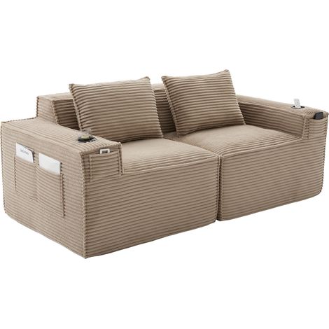 Divano modulare 2 posti in velluto a coste khaki con portabicchieri e tasche laterali (1/5)