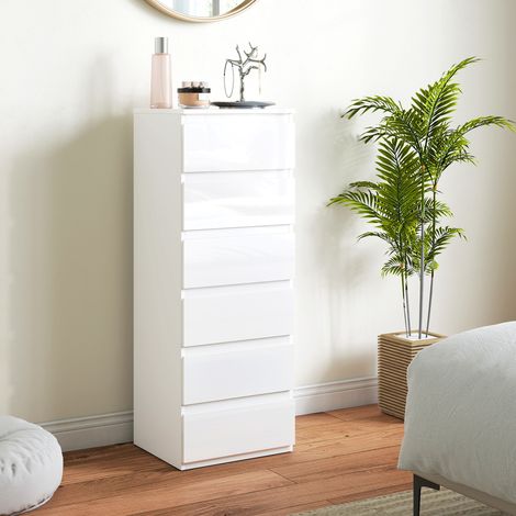 Commode 6 tiroirs Blanc haute brillance meuble étroit sans poignées 40x35x109 cm
