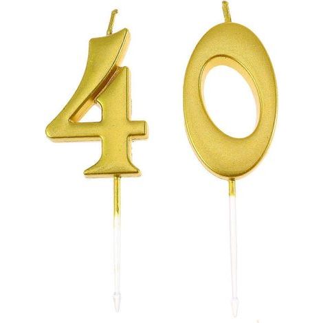 Lot de 2 bougies d'anniversaire numéro 40, décorations pour gâteau d'anniversaire, articles de fête (chiffres 4 et 0, dorés)-Golden (1/3)