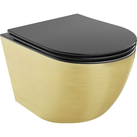 Mexen Lena WC-Schüssel Randlos mit slim Sitz und Absenk-Automatik, duroplast, Schwarz matt/gold Lini