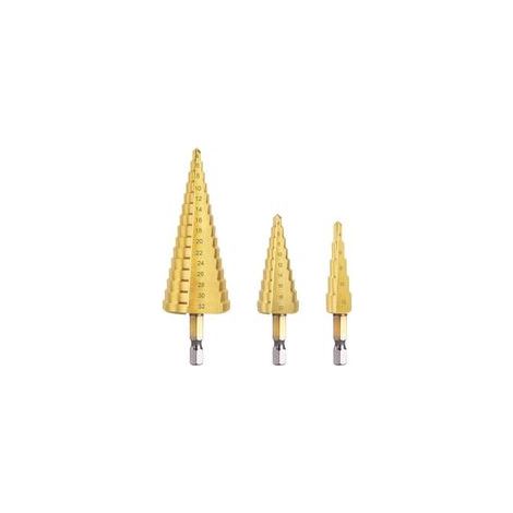Foret étagé métal 3 pièces – Tailles 4-12/20/32mm – Tige hexagonale 1/4' – Acier HSS titane pour perage rapide sur métal, bois, plastique