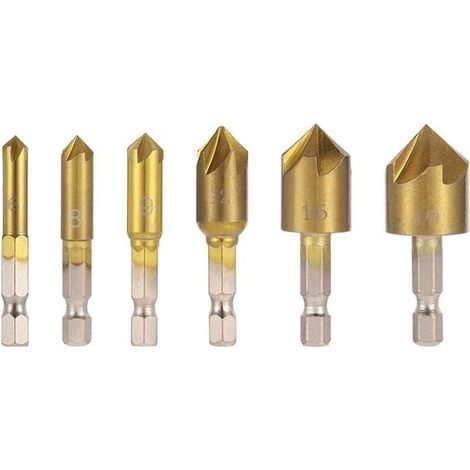 Jeu de 6 forets à fraiser à angle de 82° pour bois, à changement rapide, de 6 à 19 mm (1/4)