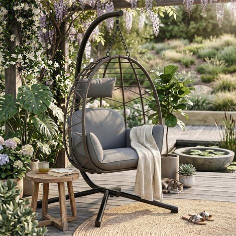 Chaise Suspendue Forme œuf Rotin Teint Structure Métal Support 150kg Meuble Loisir Jardin ext 105x105x196cm (1/5)