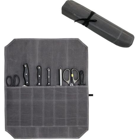 Étui à couteaux de chef ING en toile cirée, pour ranger les couverts et ustensiles de cuisine, organiseur de couteaux, sac de voyage pliable pour outils de barbecue (gris) (1/5)