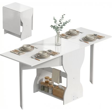 Beyamis Klappbarer Esstisch für 4 Personen mit Ablage, Holz, 160 x 60 x 75 cm, Weiß