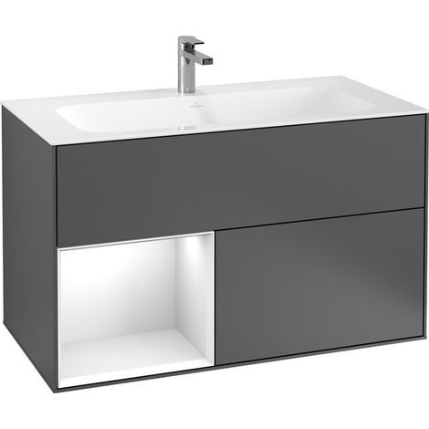 Finion, Muebles de baño, 996 x 591 x 498 mm, Angular, con estantería (iluminada), modelo suspendido, En madera, iluminación LED, 1x LED / 2.3W, 2x LED / 4.2W, 2700 K a 6480 K, Blanco brillante Barniz
