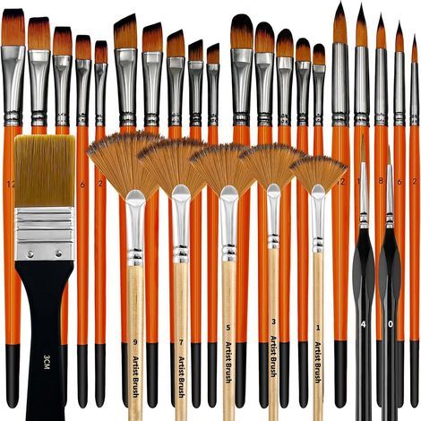 Set of 28 professional brushes for watercolor and gouache painting, nylon bristles, birch handle with round/filbert/flat/fan/angled/fine detail shapes for beginners, students, artists. (1/5)