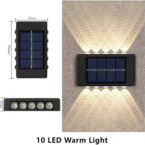 (10 LED à lumière chaude) Applique solaire murale extérieure étanche, éclairage vers le haut et vers le bas, décoration pour la maison, le jardin et la cour, lumière du soleil (1/5)