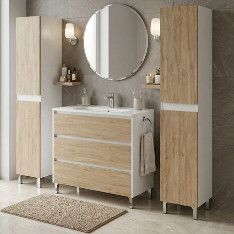 Ensemble meuble vasque L.100cm + 2 colonnes sur pied Blanc laqué 3 tiroirs Chêne naturel LISBONA (1/5)