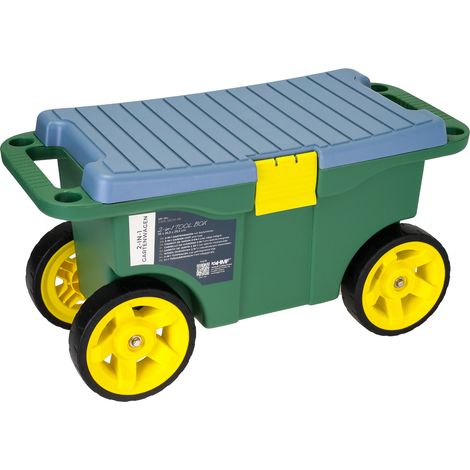 HMF 2-in-1 Gartenwagen mit Sitz und Stauraum, Gartenhocker mit großen Rollen, Rollsitz für Gartenarbeit bis 100 kg, 55 x 26,5 x 29,5 cm, Grün