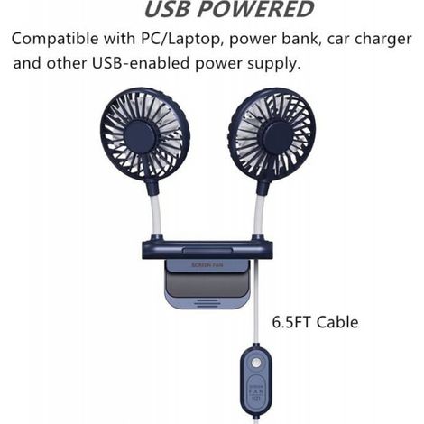 1 Ventilateur de bureau, 2 têtes, 3 vitesses, rotation 360°, clip silicone, USB, pour écran ordinateur (1/5)