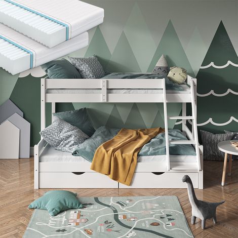 Lit superposé Everest, Blanc, 120x200 / 80x200 cm avec 2 matelas et 2 tiroirs, Vitalispa (1/5)